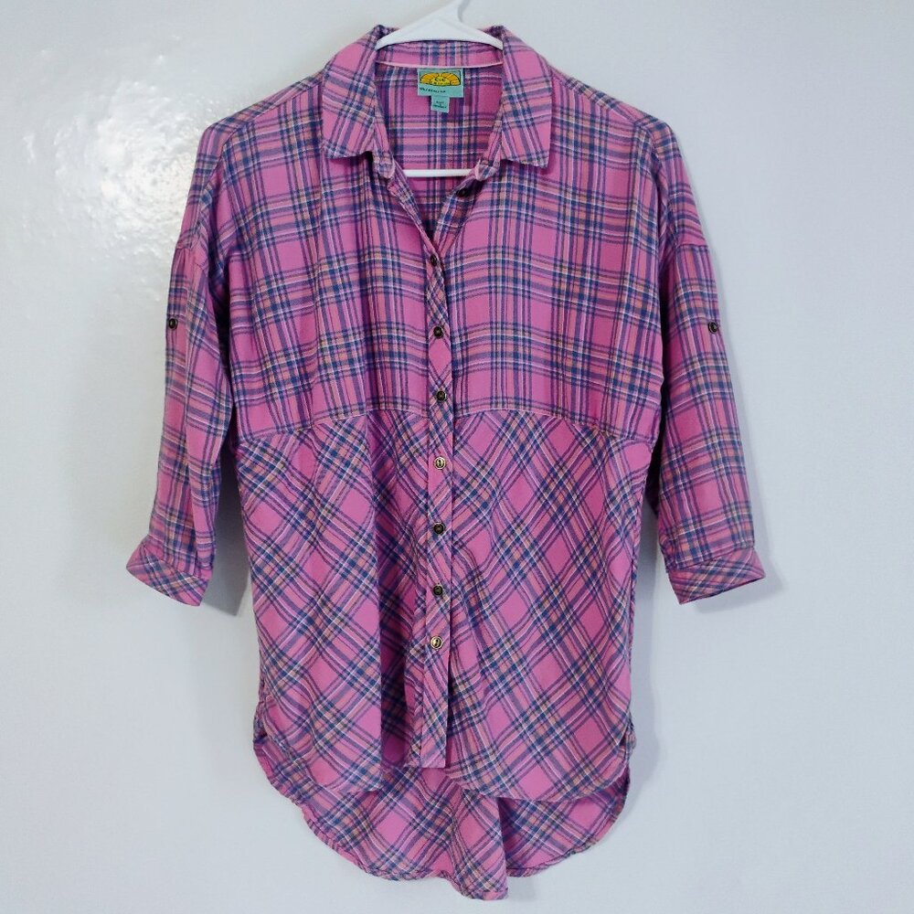 C&C California Pink Plaid Button Down Tunic XS High-low hem